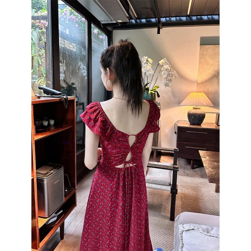 French Pure Lust Vacation Style Floral Backless Waistless Tie Fly Sleeve Long Dress Dress Long Dress Traditional Dress