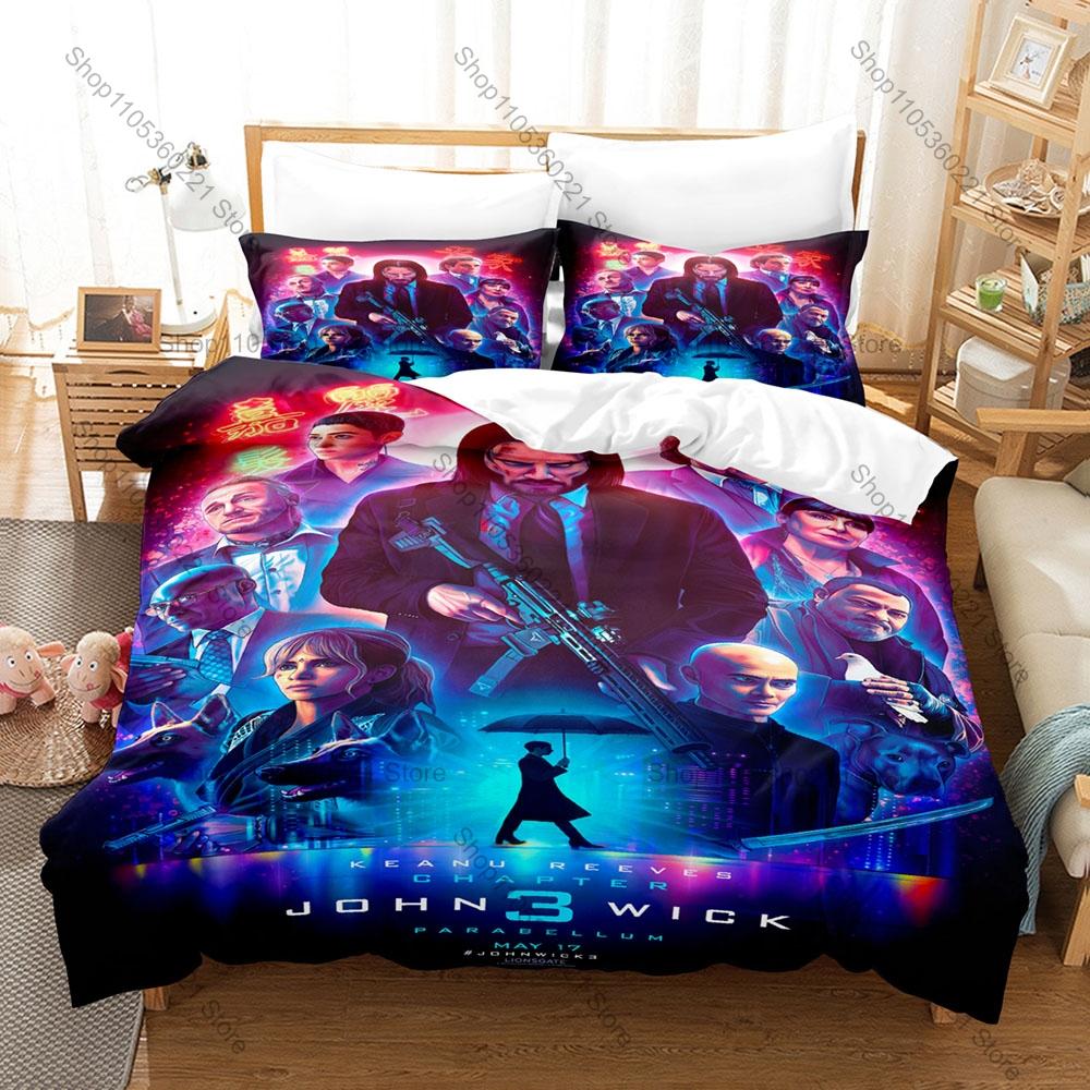 Moody Black Gold John Wick Character Print Duvet Cover + 2 Pillowcases Twin Full Queen King Movie Bedding Set
