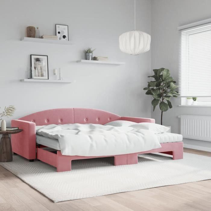 VidaXL Lit de jour avec gigogne et matelas rose 90x200 cm velours 3197328