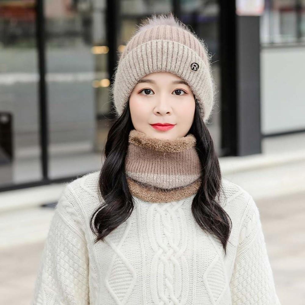 Plush Ball Cap and Scarf Suit Contrast Color Beanie Hat Personality Compact Scarf  Women