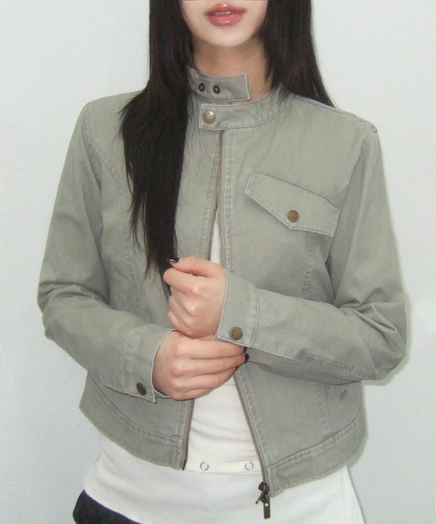 Place Studio Vintage Sand Incision Cotton Washed Single Collar Semi-Fitted Rider Jacket [Grey]