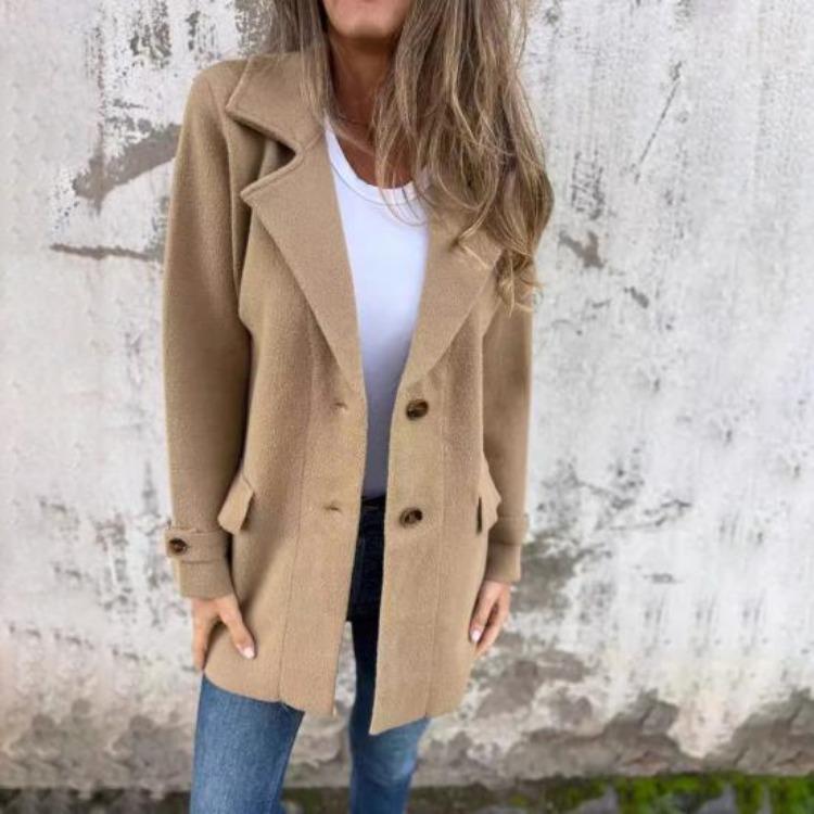 Women Solid Color Woolen Coat Mid-length Lapel Long Sleeve Single Breasted Outwear with Side Pockets Commuting Style