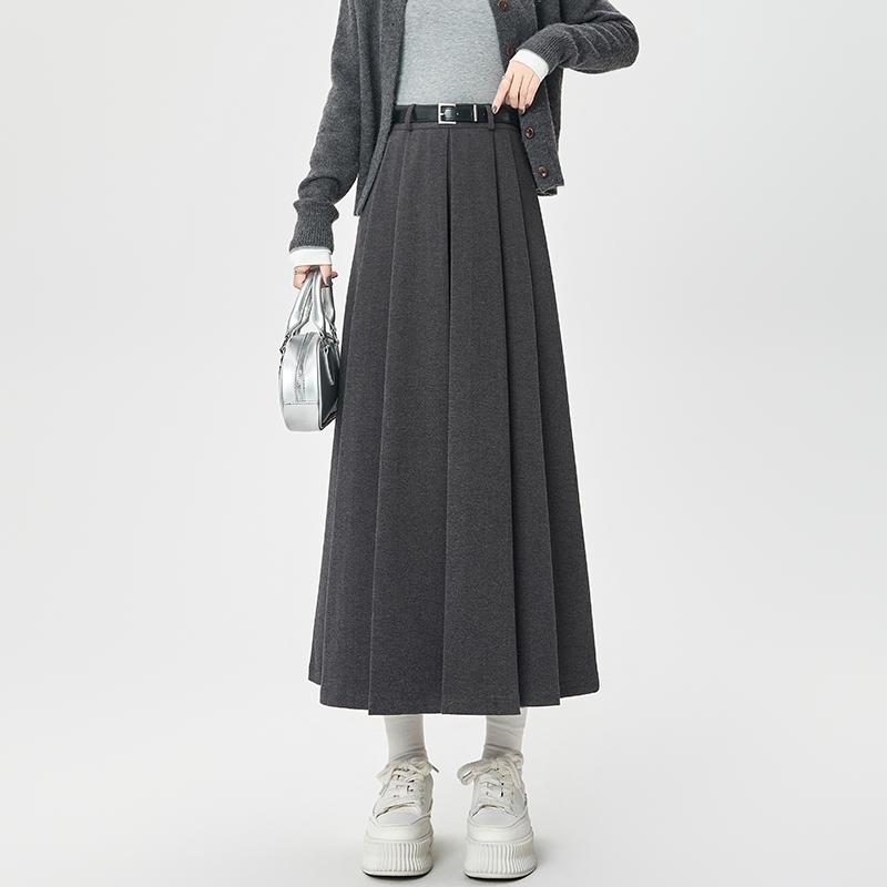 Womens High Waist  Pleated Midi Skirt A Line Winter Fall  Solid Color Long Skirt