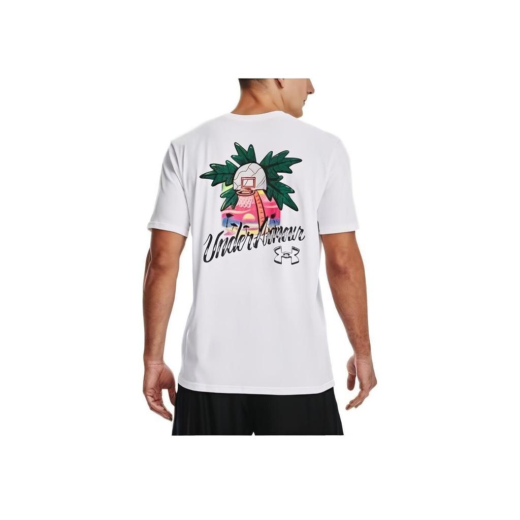 Under Armour Camiseta Deportiva de Manga Corta para Hombre con Estampado de Planta de Dibujos Animados, Soporte de Baloncesto, Tops Blancos 1370522-100