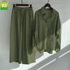 Women's Retro Plus Size Cotton Linen Shirt and High Waist Wide Leg Pants Two-Piece Set 2025