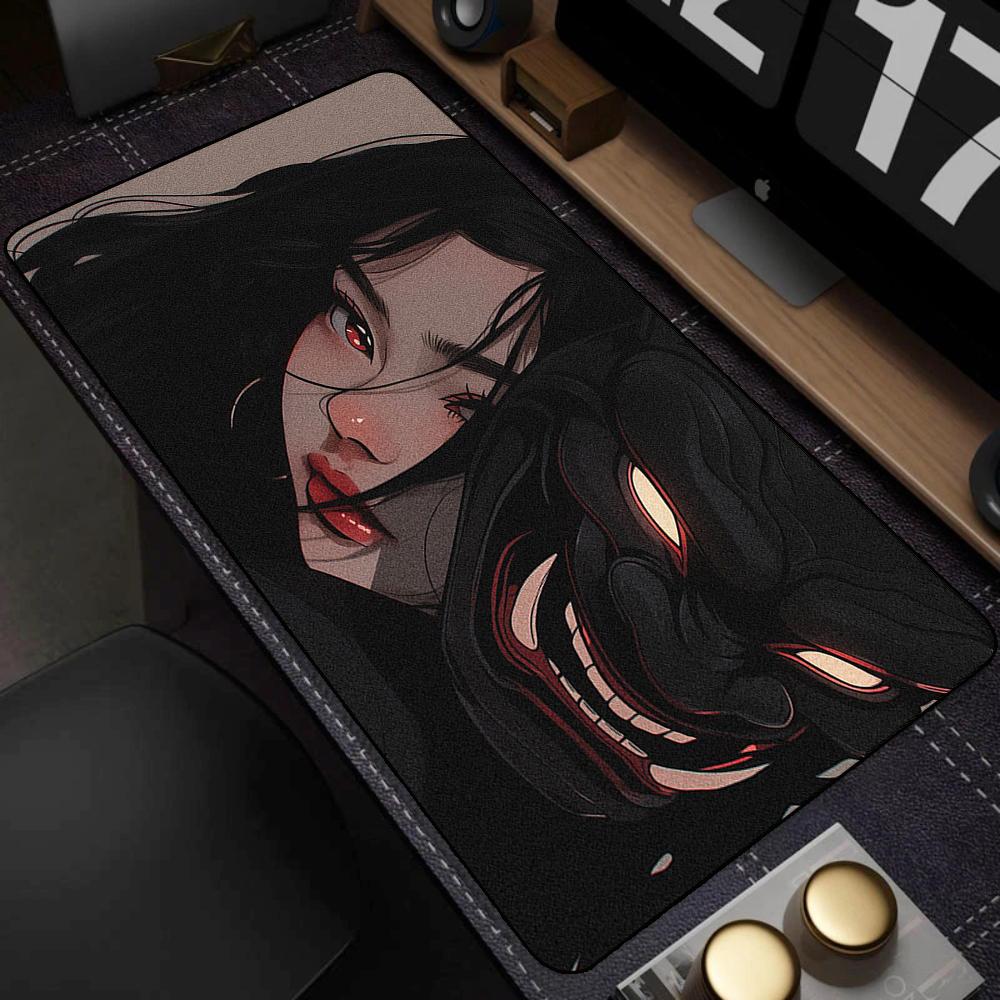 90x40cm Gaming Samurai Oni Mouse Pad Japan Mask Girl Deskmat Large Gamer Professional Premium Mousepad Speed Control Accessories