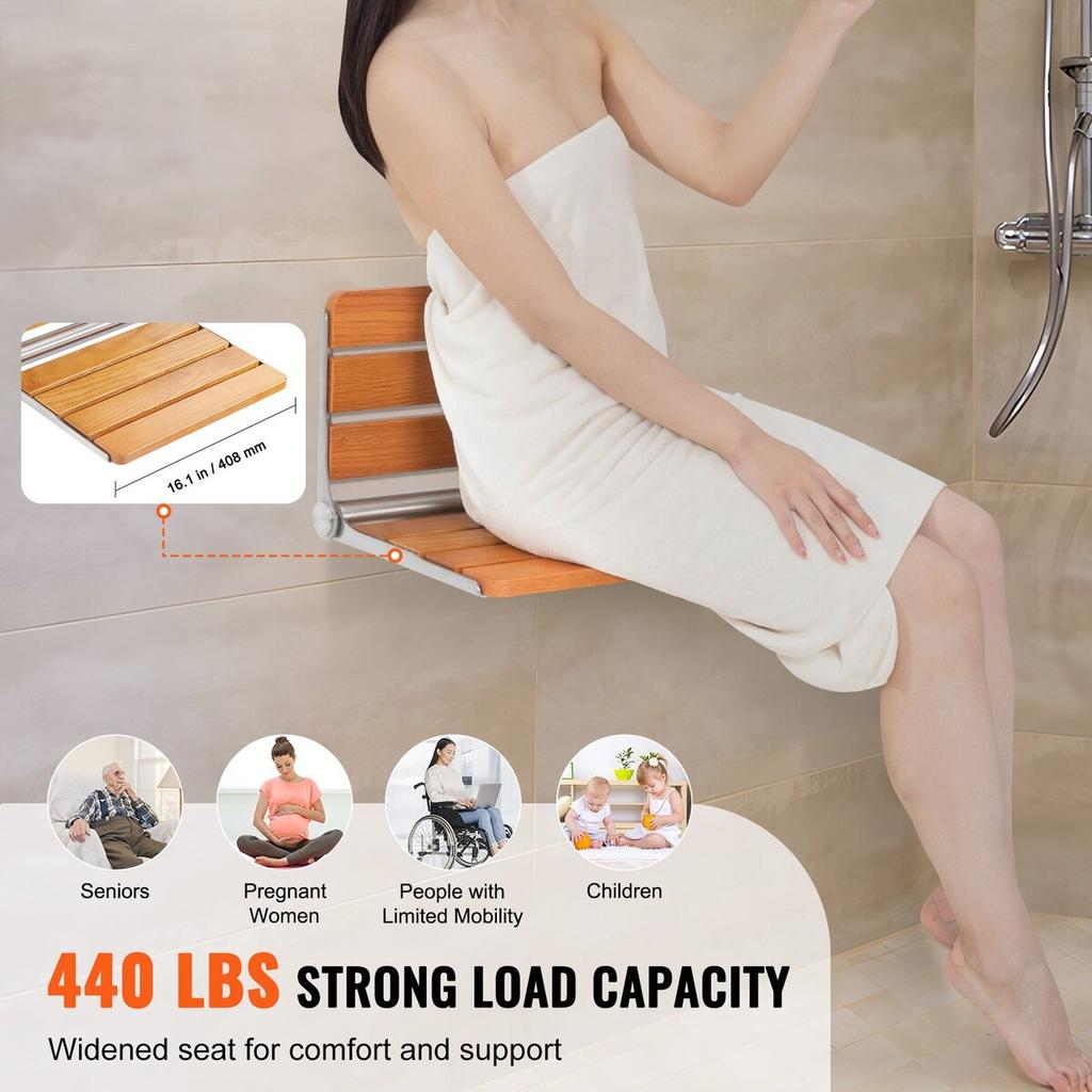 Folding Oak Shower Seat 16.1" X 13.4" Wall Mounted Shower Bench 440 Lbs
