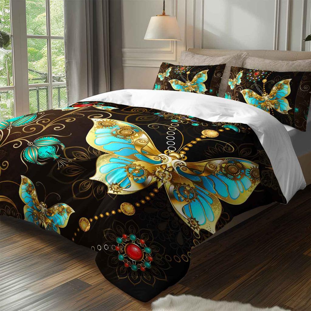 3pcs Luxury Teal Golden Butterfly Bedding Set Bohemian Butterfly Quilt Cover Set Bohemian Themed Duvet Cover Set