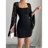 Women's Skirt Flared Sleeve Split Split Solid Color Lace Splicing Square Neck Slim Hip Wrap Dress