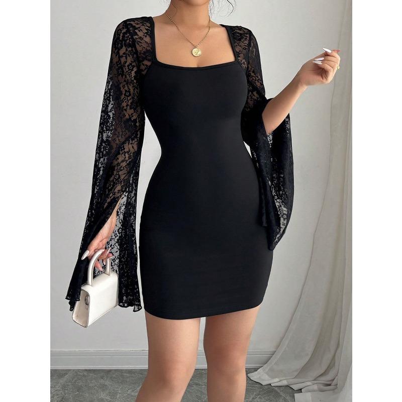 Women's Skirt Flared Sleeve Split Split Solid Color Lace Splicing Square Neck Slim Hip Wrap Dress