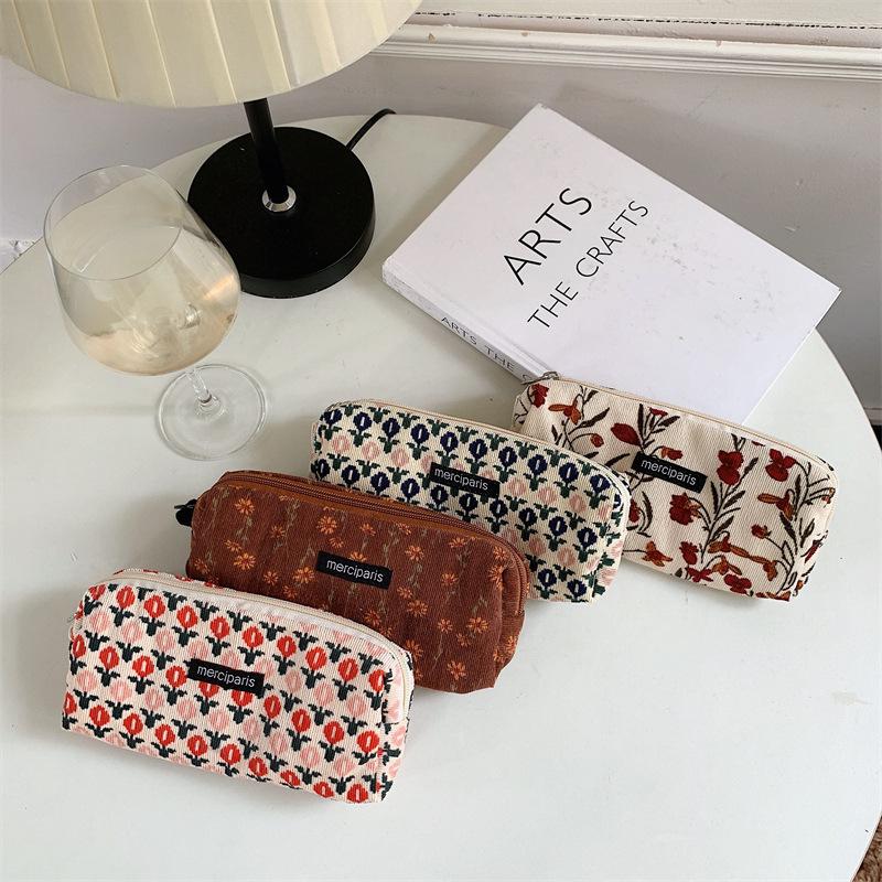1pcs Corduroy Pencil Bag Pen Case Vintage Flower Grid Artistic Style Student Bag Unique Stationery Storage Pouch School