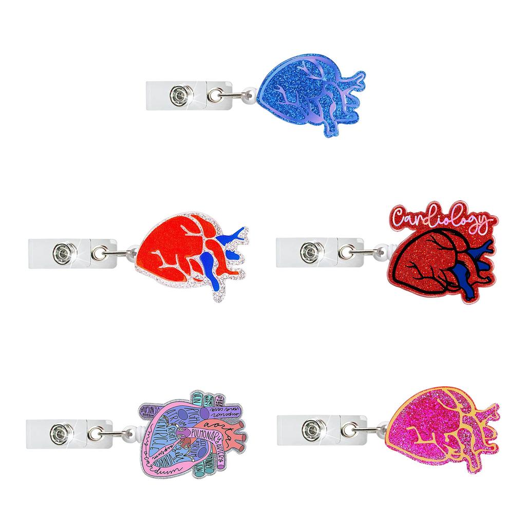 5Pcs Heart-shaped Acrylic Badge Reel Secure Nurse Badge Holder Clips Convenient Easy Pull Button Cord for Doctor Student