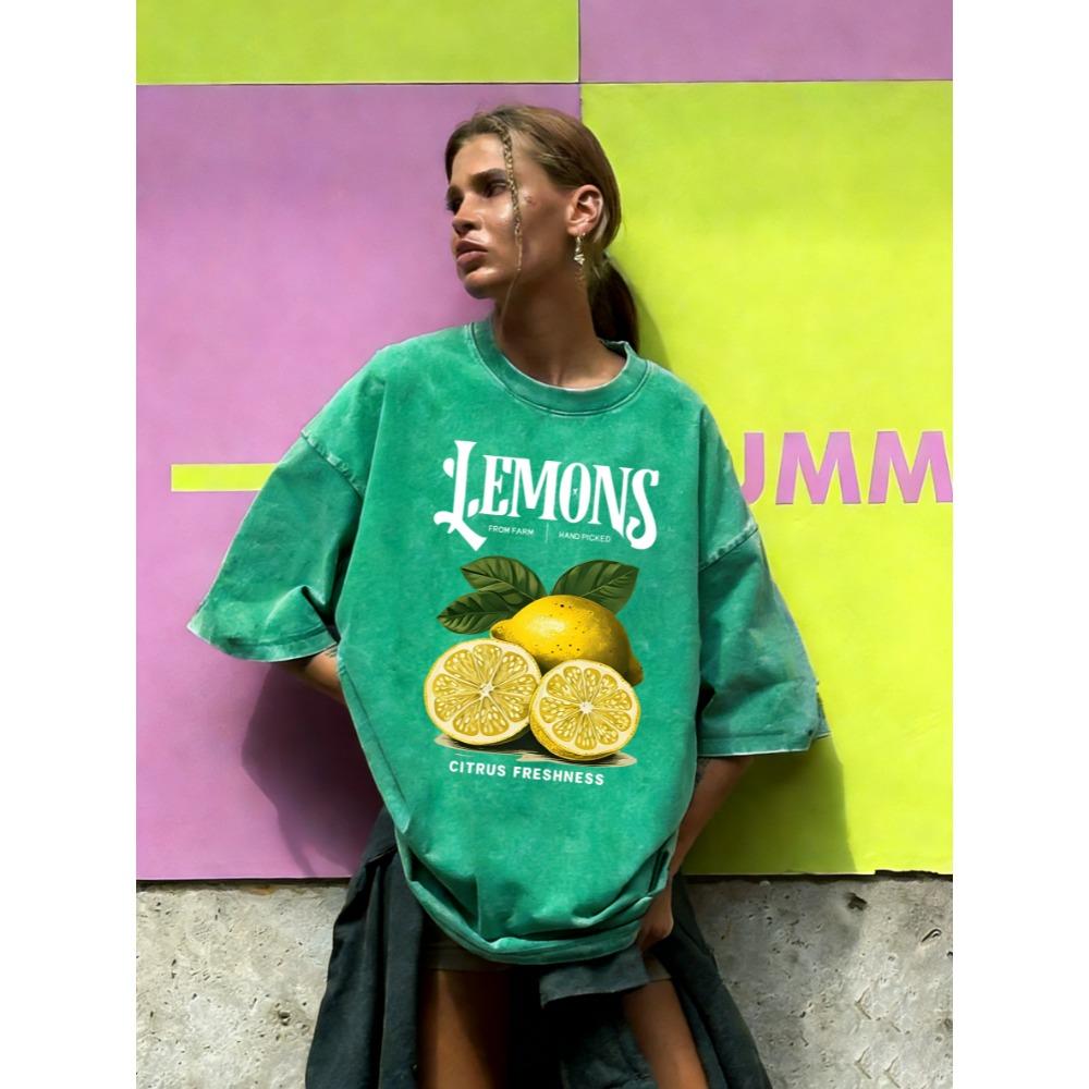 Lemons Hand Picked Fresh From Farm Print Washed T-Shirt Women Summer Casual T Shirts Cotton Y2K Streetwear Loose Tops