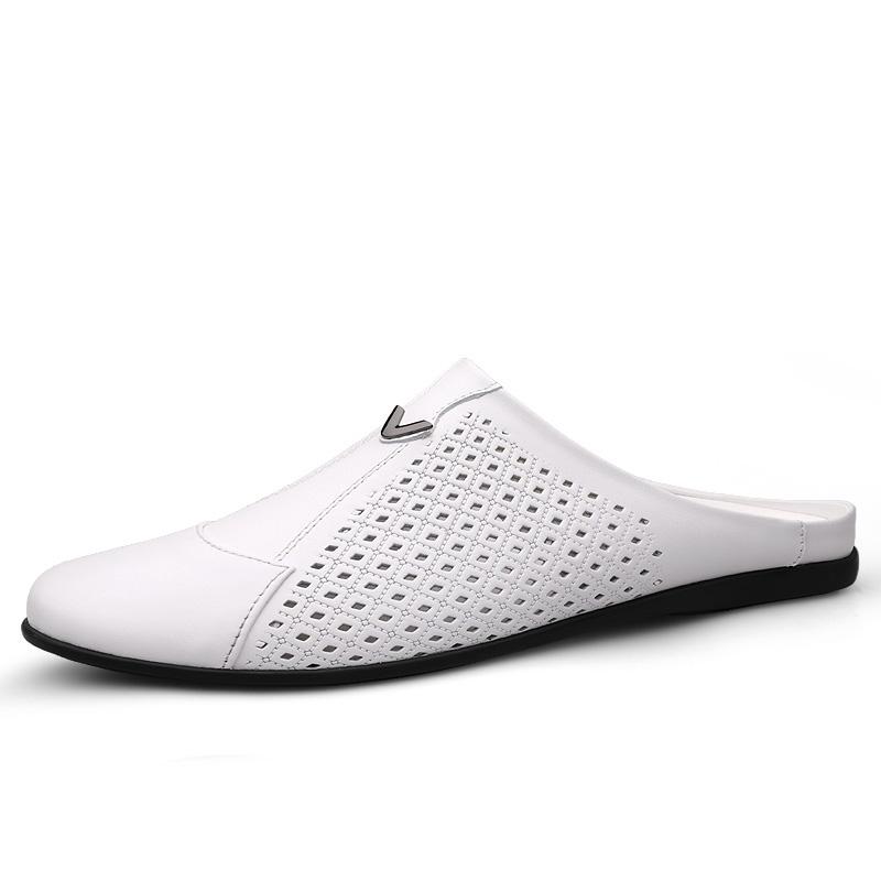 Fashion Italian Mens Slippers Genuine Leather Muller Shoes Men Loafers Outdoor Non-slip Black Casual Half Slipper Men Fashion Shoes Man