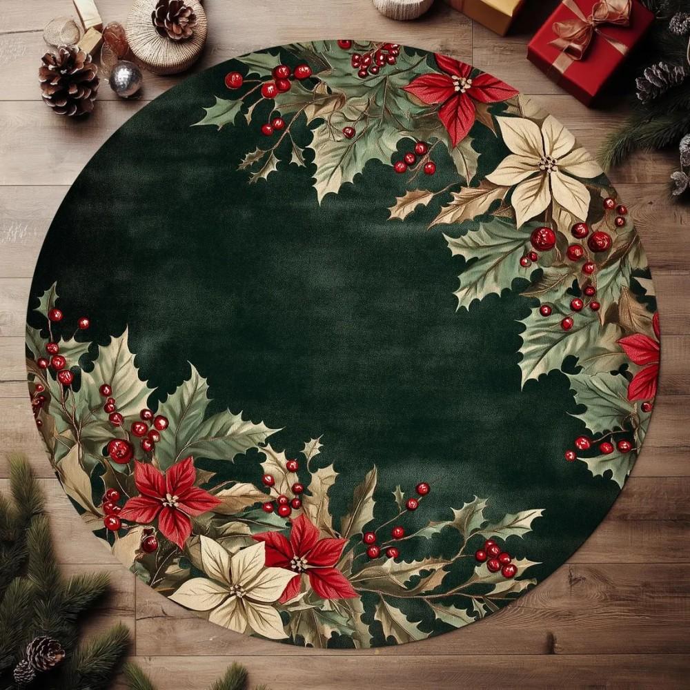 Christmas Poinsettia Floral Area Rugs Non-Slip Washable Round Carpet for Bedroom Living Room Round Rug Holiday Decor Floor Mat