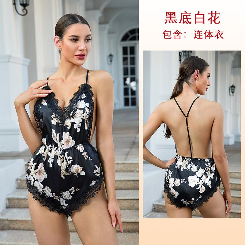 Foreign trade satin lace flower print onesie deep V backless sexy suspender multi-color sex pajamas 441 S