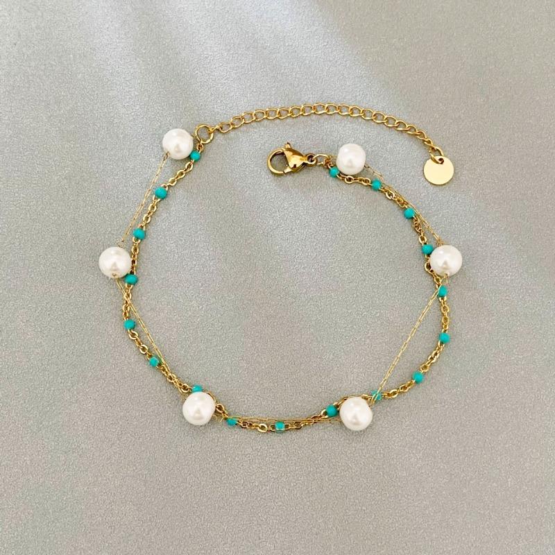 Gold Double Layer Pearl Black Bead Bracelet – Elegant Pearl Chain Jewelry, Vintage Party Gift for Women