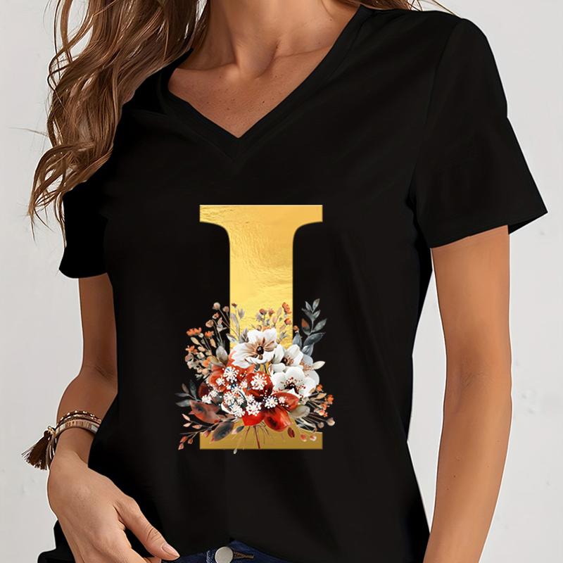Vintage Flower Alphabet Graphic T Shirts Women Alphabet Rose Gold Essential Women Clothing Gift for Alphabet Floral Lover Tshirt