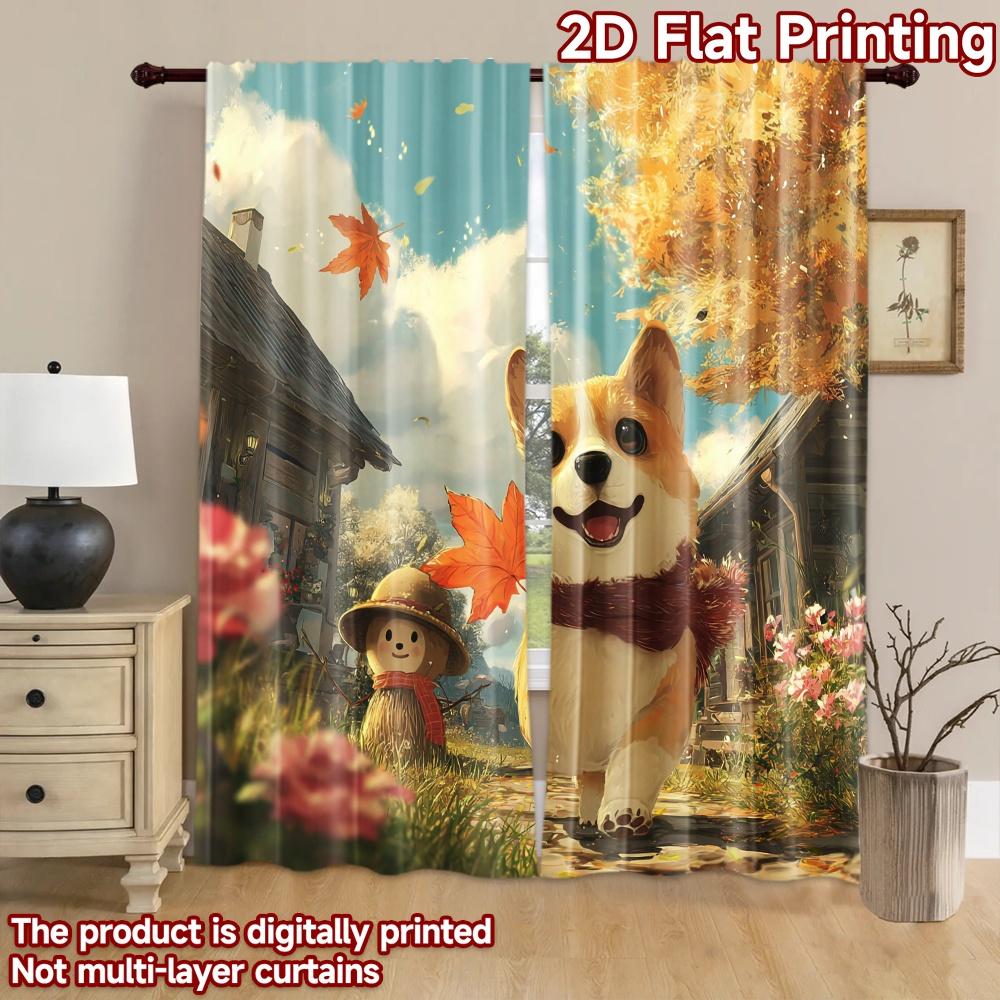 2D flat printing 2pcs Party Curtains Cute Shiba Inu Scarecrow Autumn Leaves Digital Printed Polyester Drapes Seasonal Party &