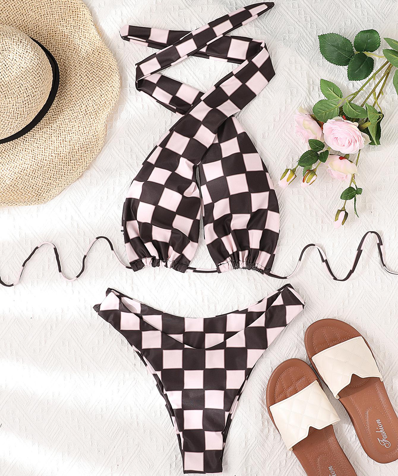 

Женский купальник, черный кофейный клетчатый принт, повязка на шее, сексуальное бикини L чёрный