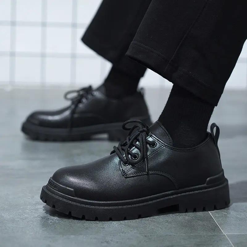 Fashion Lace Up Leather Shoes for Men Platform Round Toe Thick Sole Shipping Free New In Man Casual Shoe Legitimate 2024 Trend Low Price