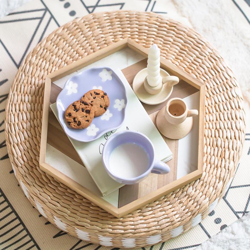 Cute Hand Painted Coffee Cup with Saucer Irregular Flower Cloud Blue Sky Creative Breakfast Milk Tea Mug Gift Set Handmade Drink