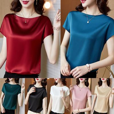 Sommer frauen Mode Bequeme Kleidung Einfarbig O Hals Kurzarm Seide Top Beiläufige Lose Satin T Shirt Plus größe Hemd