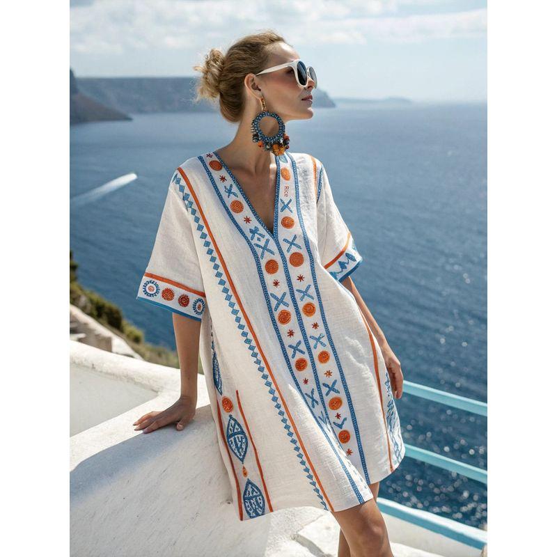 New Amazon Women's Clothing Super Fairy V-Neck Dress Seaside Vacation Beach Dress Printed Loose Mid-Length Dress