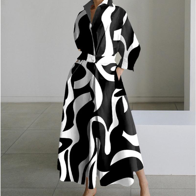 Fashion Elegant Long Sleeved Loose Dress Women Spring Autumn New V-neck Casual Simple Female A-line Printed Dresses Women's Clothing