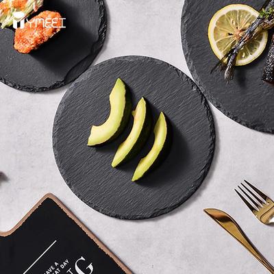 Platos Redondos de Pizarra de Piedra Natural Negra para Bistec al Estilo Occidental, Plato de Cena de Pizarra, Cocina, Queso, Pizza Para Comida Casera