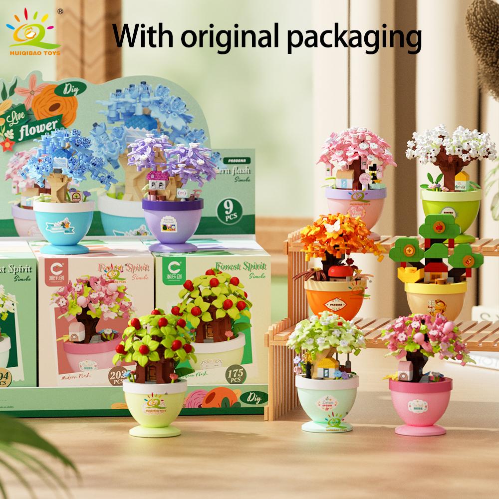 MOC Model HUIQIBAO Flower with pot Micro Building Block Sunflower Rose Eternal Bouquet Mini Diamond Brick Toy for Desk Children