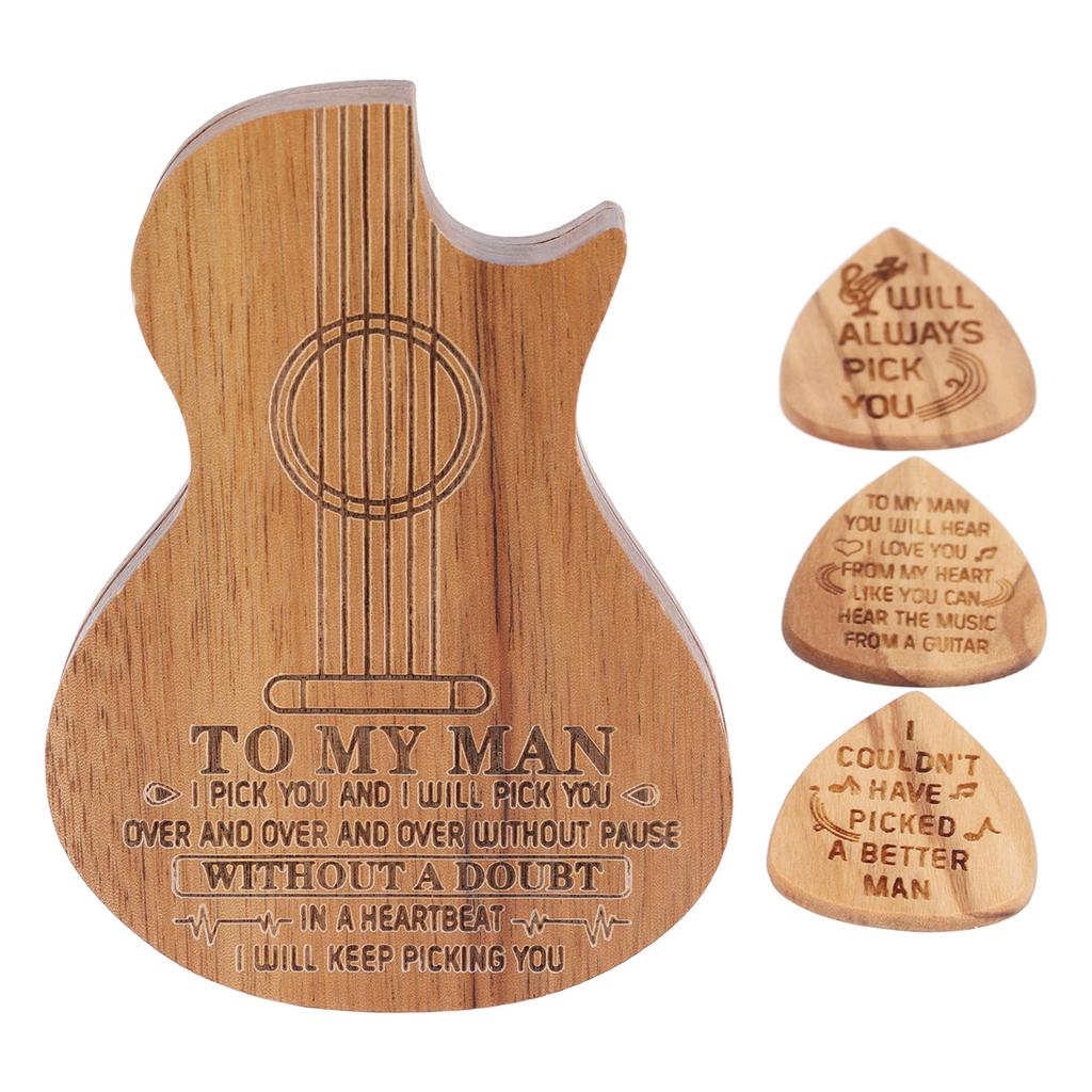 Guitar Pick Box Engraved Guitar Portable 3 Wooden Picks and Storage Case for Birthday Christmas