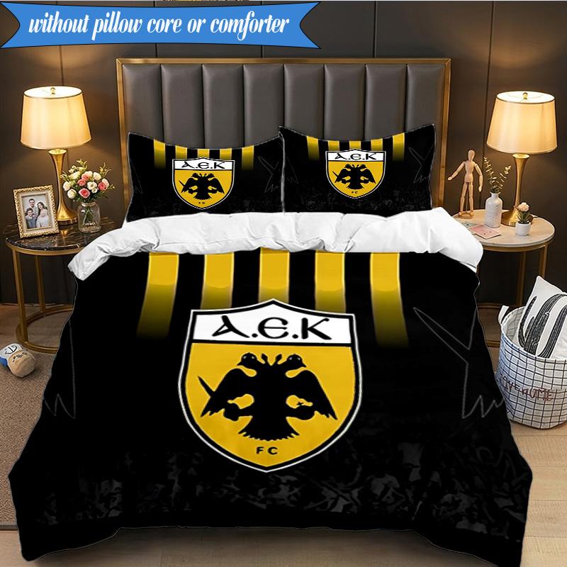 3-teiliges AEK Athen Gold-Schwarz Wappen Bettwäscheset 2D-Druck (Enthält 1 Bettbezug + 2 Kissenbezüge Ohne Füllung), Schlafzimmerdekoration, Ventilatorgeschenk