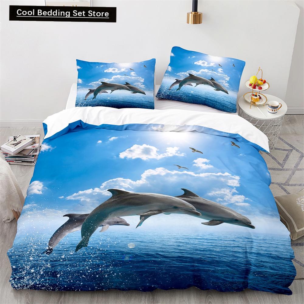 Delfin Bettbezug King Queen Größe Liebliches Meeresleben Bettwäscheset für Kinder Jungen Mädchen Niedliches Ozeantier 2/3-teilig Polyester Steppdeckenbezug