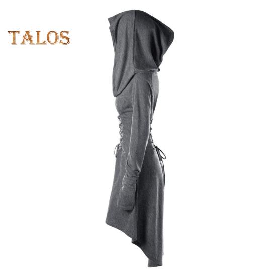 Women Cosplay Dress Gothic Solid Color Lace-up Strap Slim Waist Irregular Hem Hooded Long Sleeves Theme Parties Role-Playing Festival Halloween Midi