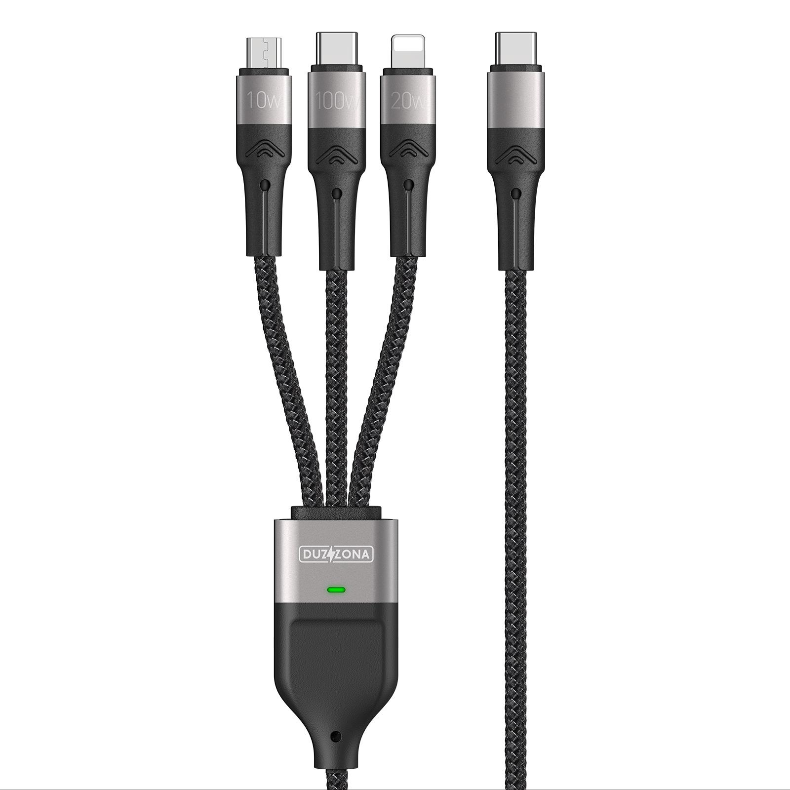 

DUZZONA A4 for iPhone 16-15 Series 100W 3-in-1 5A Fast Charging Cable USB-C to USB-C+Lightning+Micro USB Cord (CE/FCC/UKCA/ROHS Certificate) A