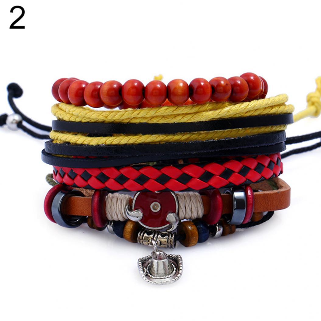

4 шт./компл. Бохо этнические многослойные женские браслеты из искусственной кожи с деревянными бусинами