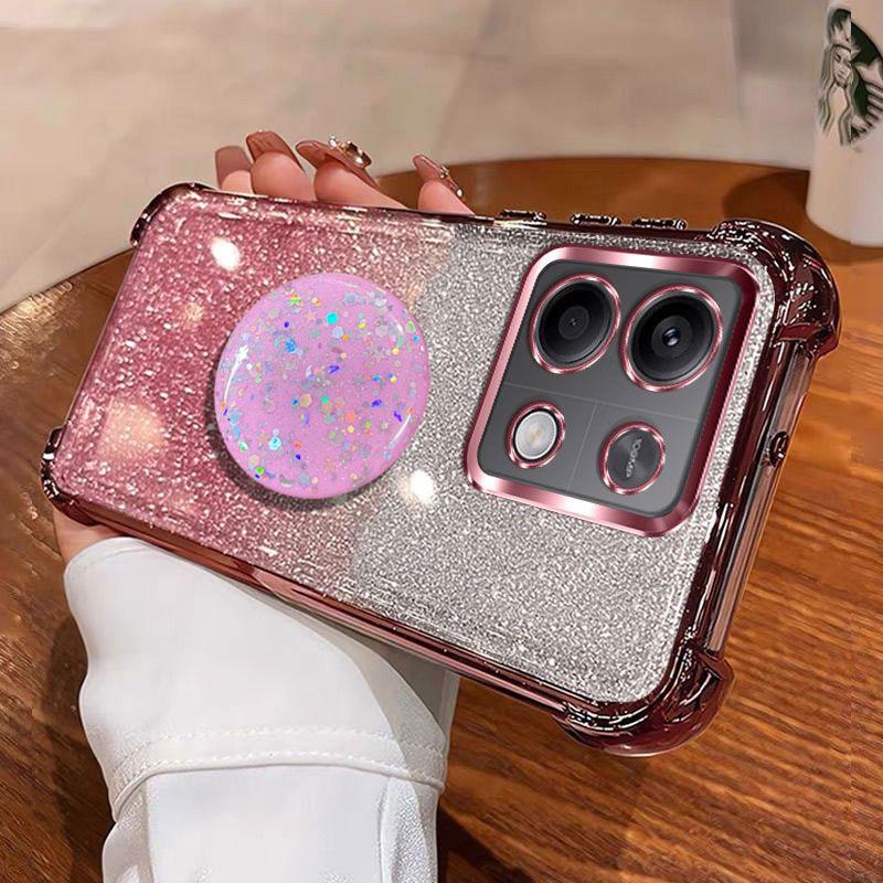 For POCO M6 pro 4G Holder Case Luxury Shiny Protective Shockproof Stand Cover Case For Xiaomi Redmi Note 13 pro Plus Coque Shell