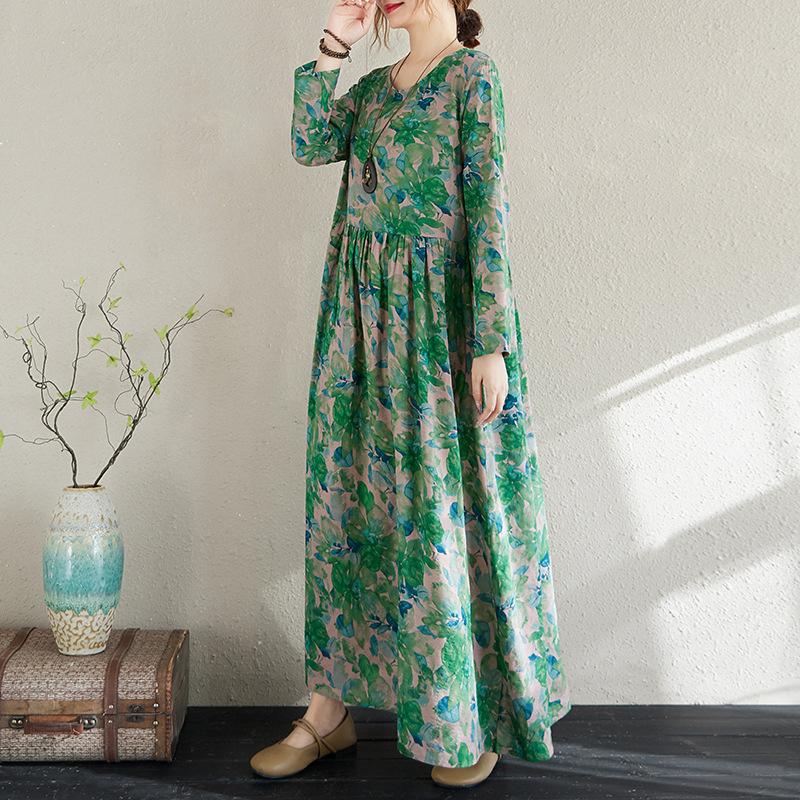 Rochie de vară cu mâneci lungi, stil floral de vacanță, stil de călătorie, guler rotund, casual, retro, cu acoperire de carne, pentru femei