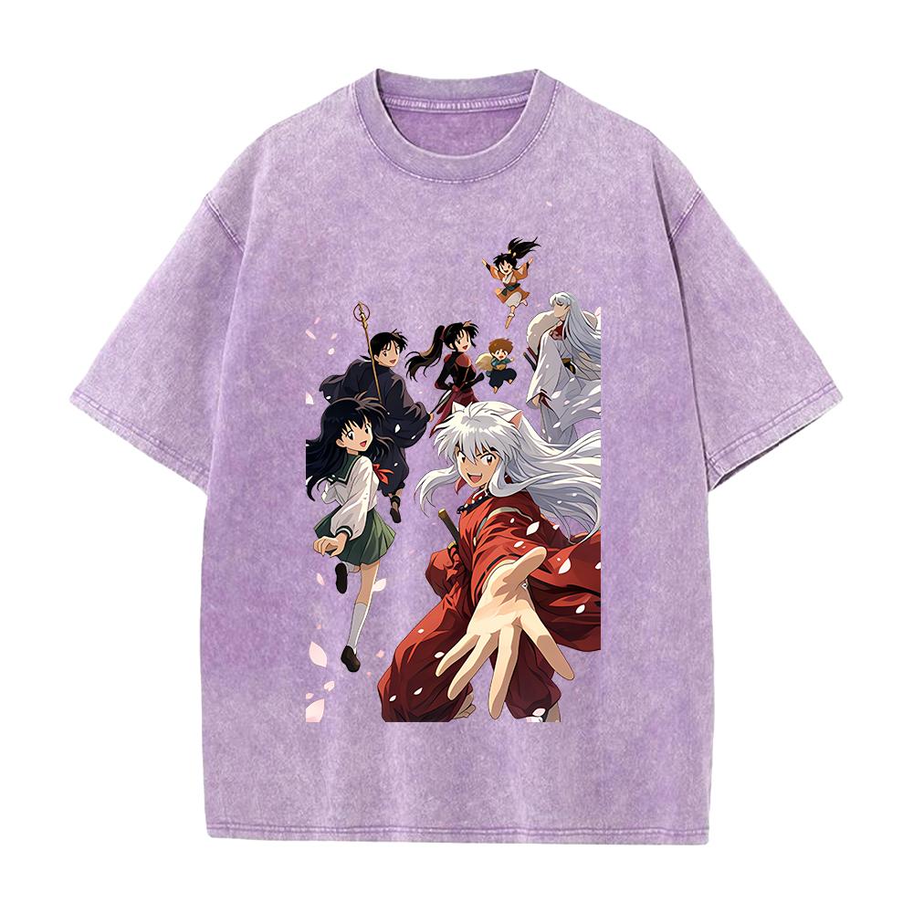Kagome Miroku Sesshoumaru Print T-shirt Anime Inuyasha Clothing Men Women Cotton Tshirts Retro Washed T Shirt Harajuku Male Tops