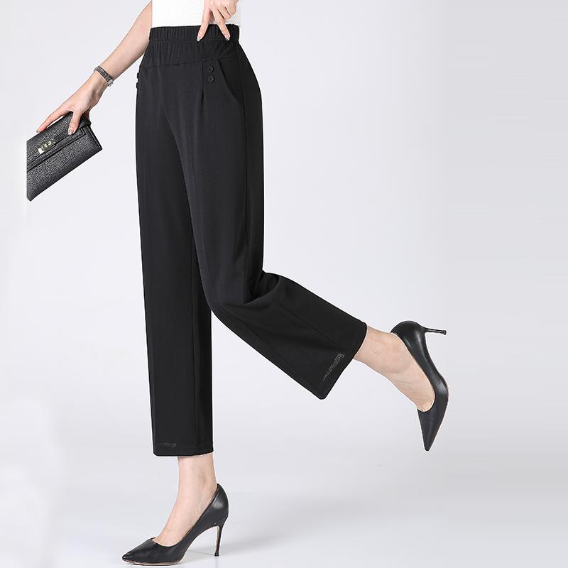 Thin Breathable Elastic Pants Women's Solid Color High Waisted Loose Casual Pants Middle-aged Elastic Straight Leg