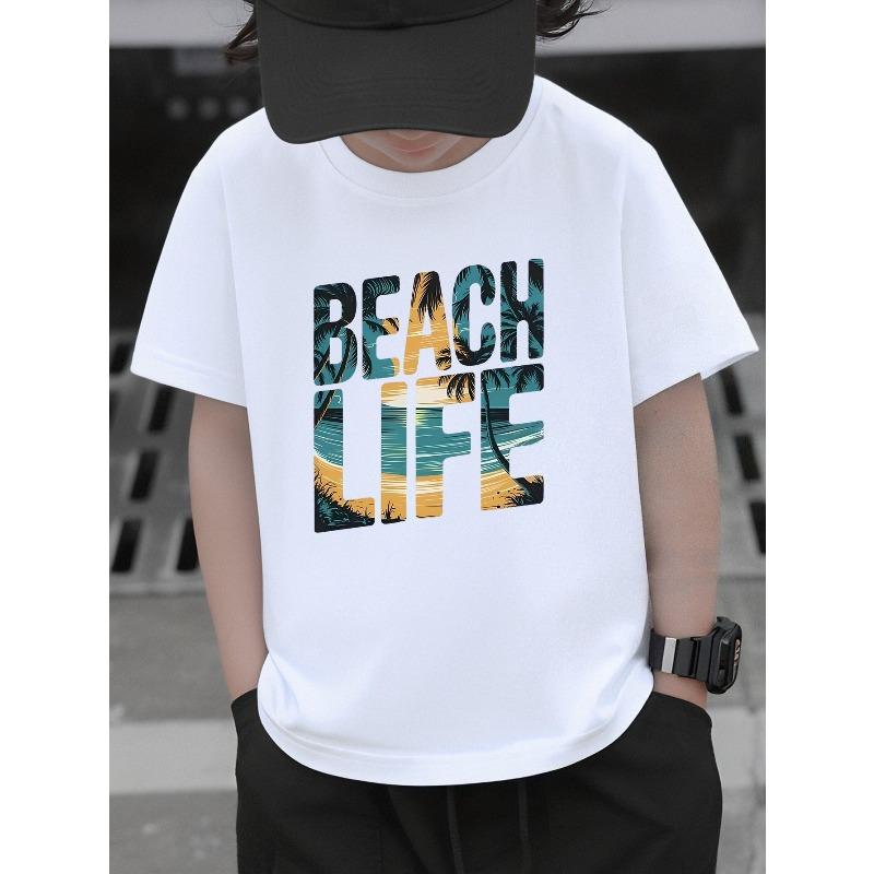 Boys Tropical Sunset Palm Tree Beach Print Soft Breathable Cotton Short Sleeve T-Shirt for Daily Outdoor Sports