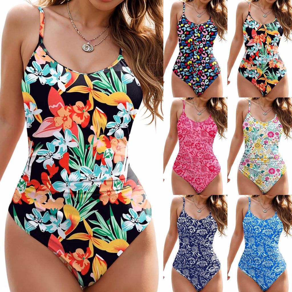 Women Print Jumpsuit Bikini Gather Push Up Sexy Sling Backless Swimsuit Women's Hanging Neck High Waist Suspender Bikini