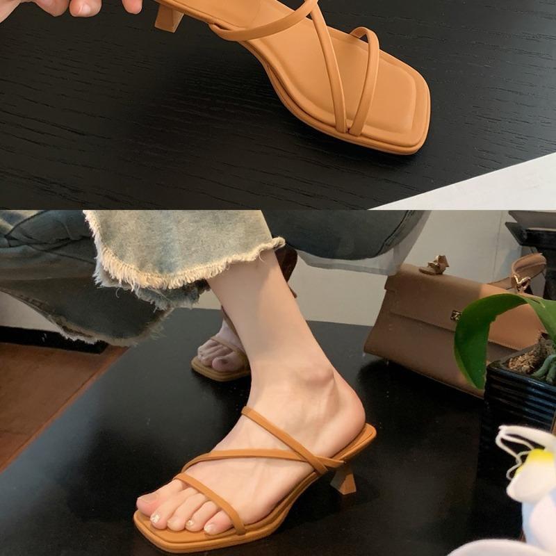 ~ New thin strap square head thin high heel cool slippers female summer