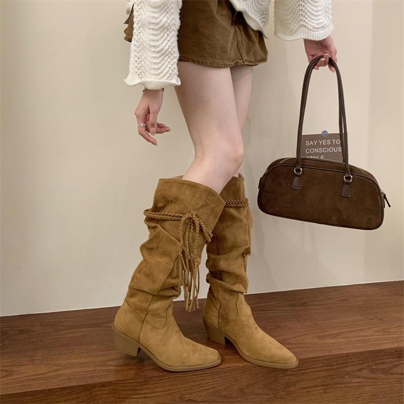 Mi Ting Retro Woven Fringed Thick Heel Tall Boots Autumn and Winter Thin Pointed Western Cowboy Boots Stacking Boots