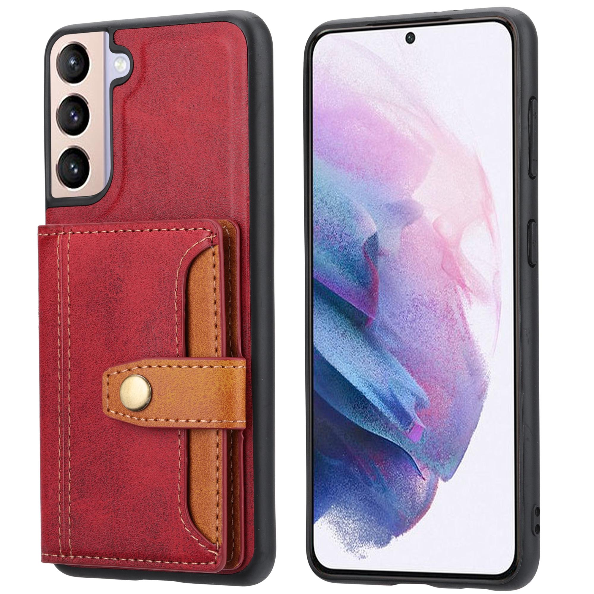 

For Samsung Galaxy S24 Cell Phone Case Calf Texture Card Holder PU Leather+TPU Cover Red