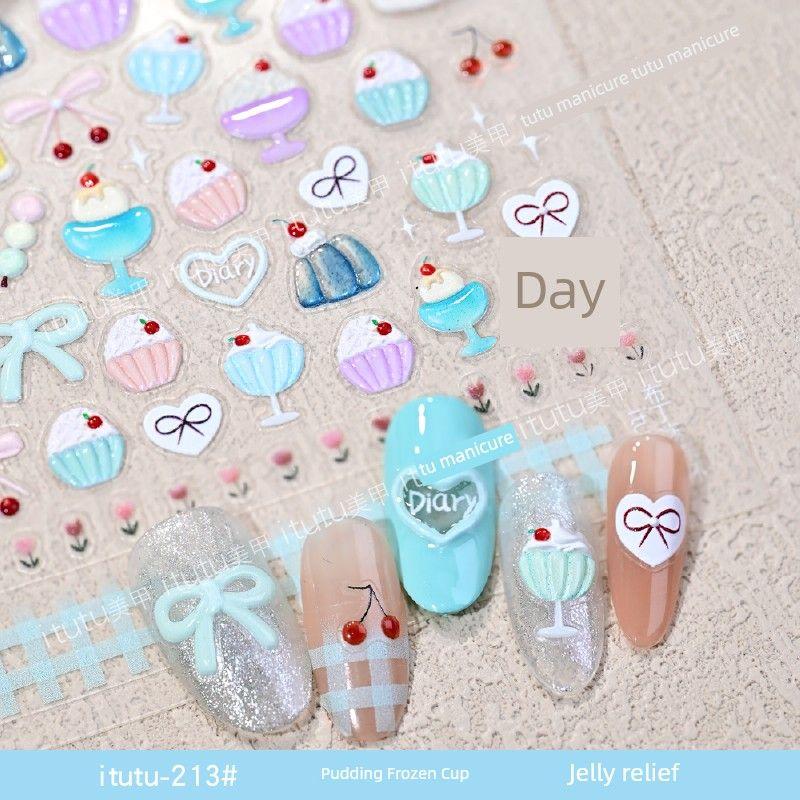 

New Arrival Summer Sweet Pudding Frozen Cup Jelly Relief Nail Sticker Ice Cream Cup Bows Small Cherry Pattern itutu-213# pudding frozen cup jelly relief