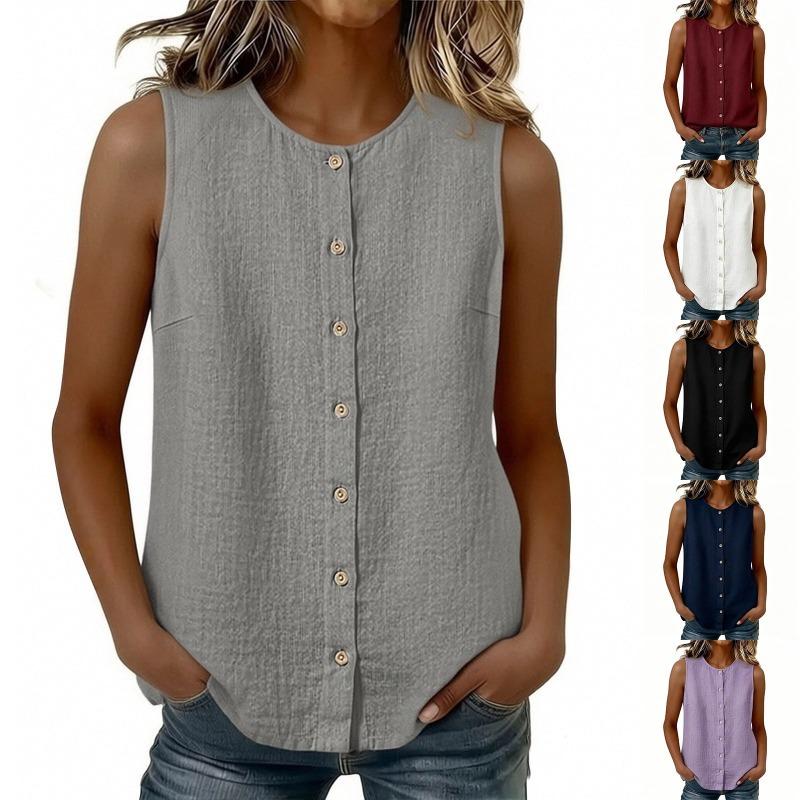 Womens Bohemian Style Sleeveless Button Down Loose Tank Top