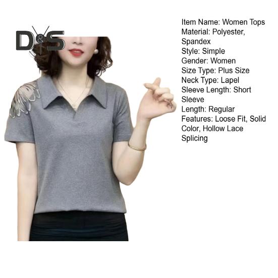 Femei topuri rever mânecă scurtă culoare solidă lejeră tricou dantela gol cu ​​mânecă scurtă pulover de vară topuri purtare zilnică