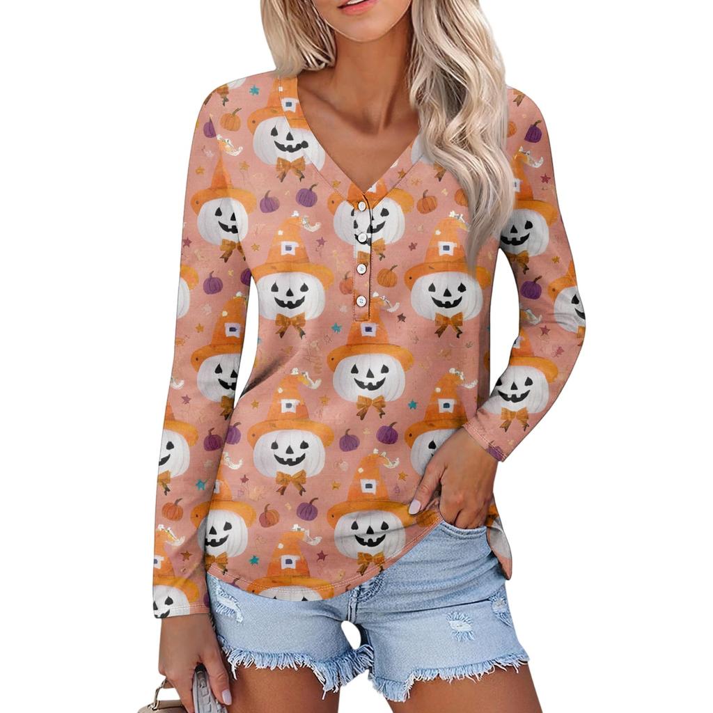 Women's Casual Fashion Sexy Comfort Halloween Printed V-Neck Button Long Sleeve